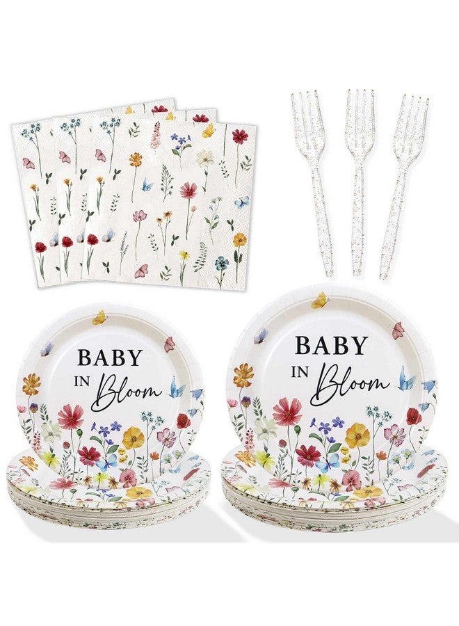 Heboland 100 Pieces Baby In Bloom Baby Shower Decorations Dinnerware Set For 25 Guests, Wildflower Baby In Bloom Paper Plates Napkins Forks For Girls - Image 1