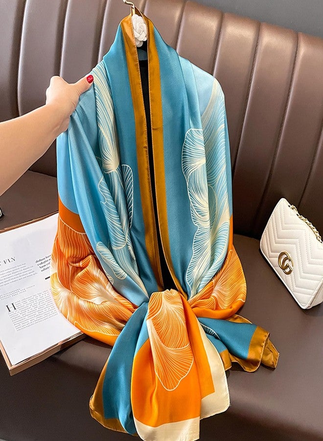 Aufeel Fashion Scarves 100% Satin Silk Scarf Long Lightweight Sunscreen Shawls Wraps for Women Hair Scarves, Blue Orange, L - Image 2