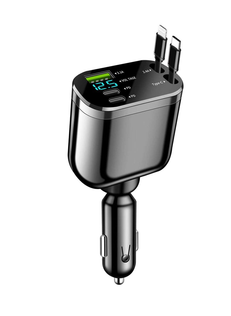 M4 CREATIONS 360° Rotation Retractable Car Charger, 5 in 1 Fast Charging Car Phone Charger 69W, Mini Car Adapter with 1 Type C Cables + 1 IOS Cables +1 Socket USB + 2 Type C Ports Charger for Apple iPhone/Samsung/Android/Pixle, Black - Image 2