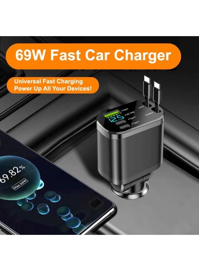 M4 CREATIONS 360° Rotation Retractable Car Charger, 5 in 1 Fast Charging Car Phone Charger 69W, Mini Car Adapter with 1 Type C Cables + 1 IOS Cables +1 Socket USB + 2 Type C Ports Charger for Apple iPhone/Samsung/Android/Pixle, Black - Image 5