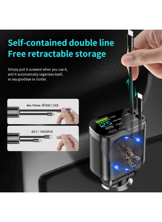 M4 CREATIONS 360° Rotation Retractable Car Charger, 5 in 1 Fast Charging Car Phone Charger 69W, Mini Car Adapter with 1 Type C Cables + 1 IOS Cables +1 Socket USB + 2 Type C Ports Charger for Apple iPhone/Samsung/Android/Pixle, Black - Image 4