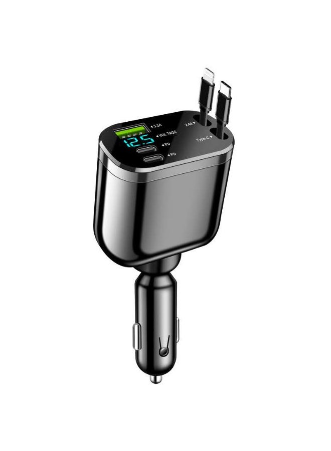 M4 CREATIONS 360° Rotation Retractable Car Charger, 5 in 1 Fast Charging Car Phone Charger 69W, Mini Car Adapter with 1 Type C Cables + 1 IOS Cables +1 Socket USB + 2 Type C Ports Charger for Apple iPhone/Samsung/Android/Pixle, Black - Image 1