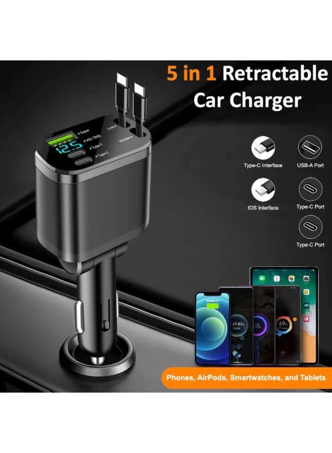 M4 CREATIONS 360° Rotation Retractable Car Charger, 5 in 1 Fast Charging Car Phone Charger 69W, Mini Car Adapter with 1 Type C Cables + 1 IOS Cables +1 Socket USB + 2 Type C Ports Charger for Apple iPhone/Samsung/Android/Pixle, Black - Image 3