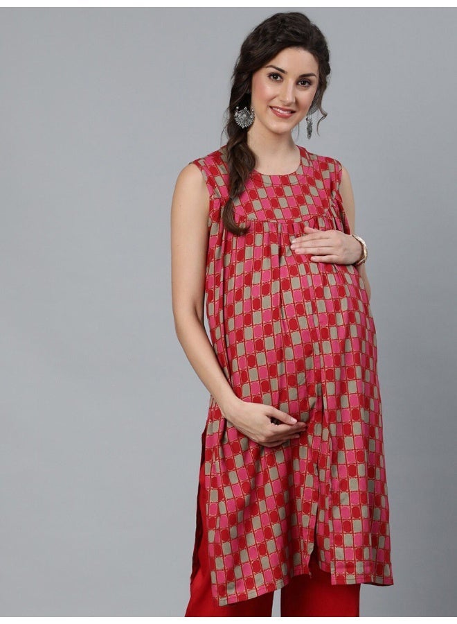 AKS Red Gold Printed Maternity Tunic - Image 1