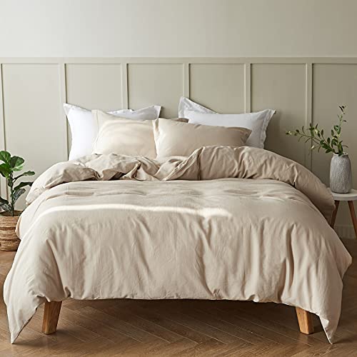 SimpleOpulence French Linen Duvet Cover Set 88 x 92 3 Pieces 1 Comforter Cover2 Pillowcases Natural Flax Cotton BlendSolid Color Breathable Farmhouse BeddingLinenBeige Queen