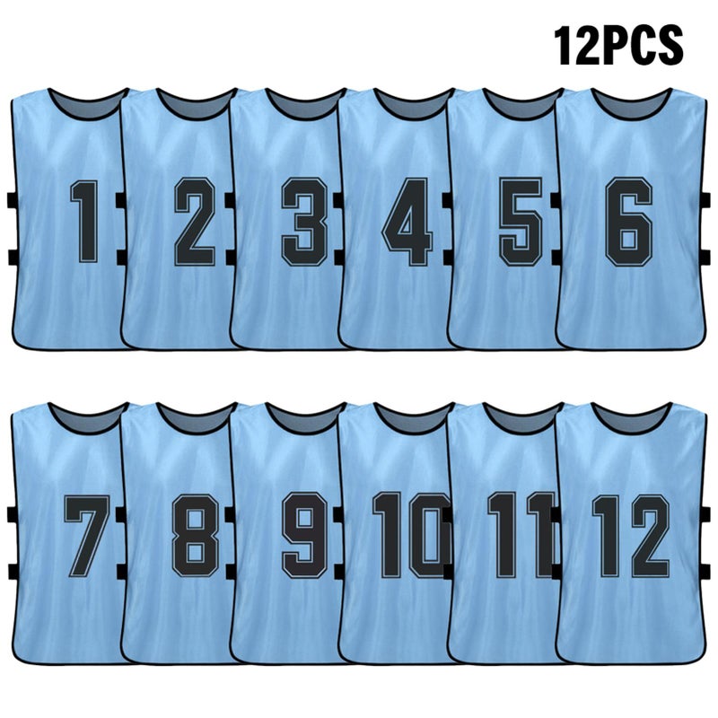 Kids Soccer Pinnies 12pcs Sky Blue Clear Front & Back Numbers - Bright Colorfast Fabric Soccer Scrimmage Vest for Youth Team Sports, Training & Scrimmages - Image 1