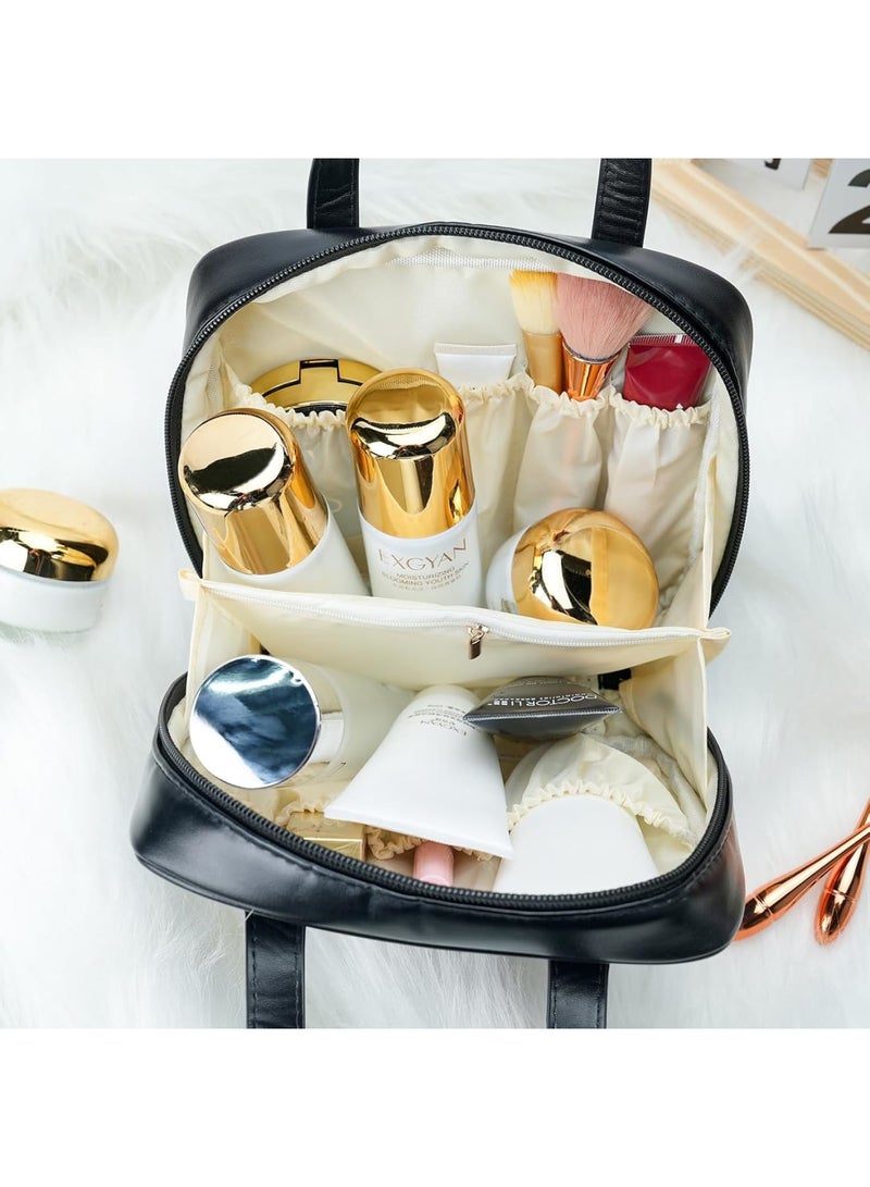 SOLARAE Portable Small Travel Makeup Bag, Waterproof Toiletry Bag with Divider and Handle, Leather Cosmetic Bag for Toiletries Accessories Brushes, Makeup Organize, Black - Image 2