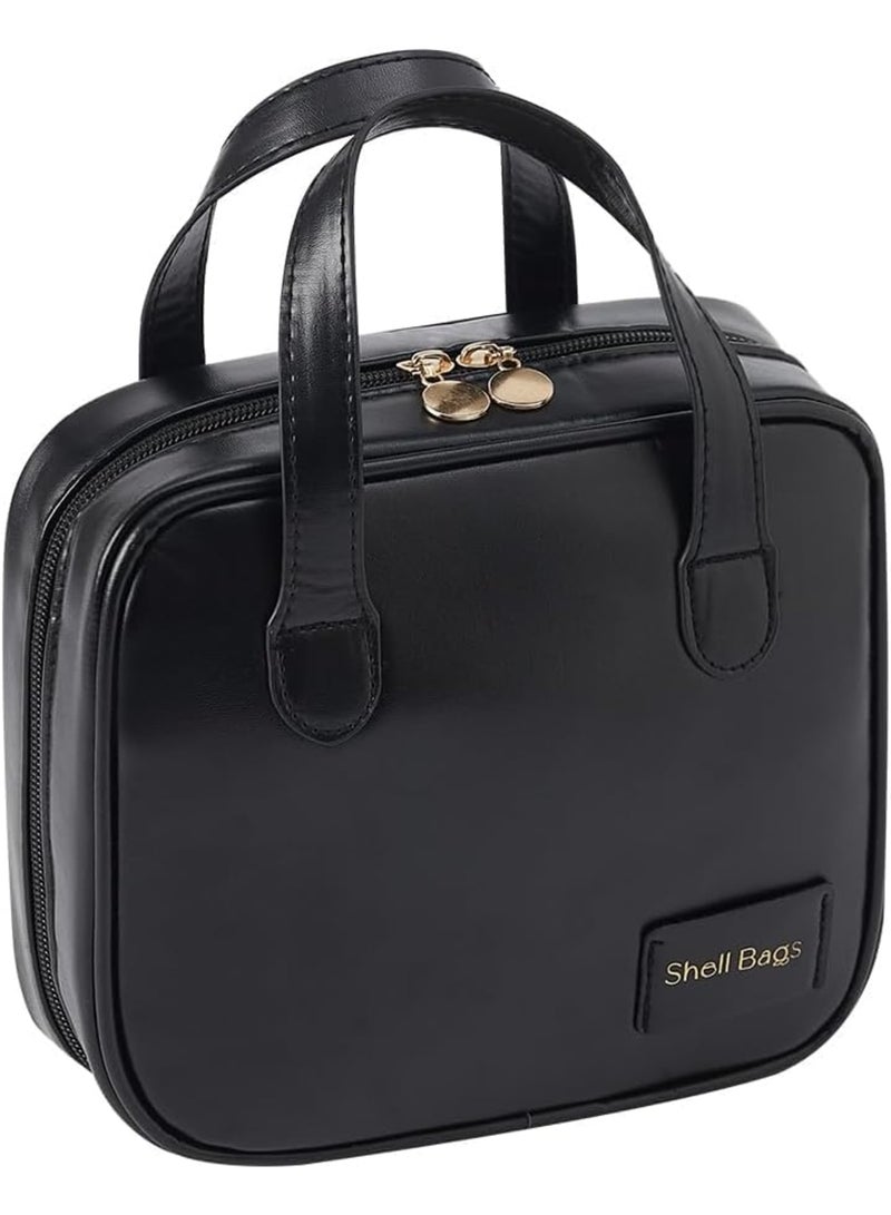 SOLARAE Portable Small Travel Makeup Bag, Waterproof Toiletry Bag with Divider and Handle, Leather Cosmetic Bag for Toiletries Accessories Brushes, Makeup Organize, Black - Image 1