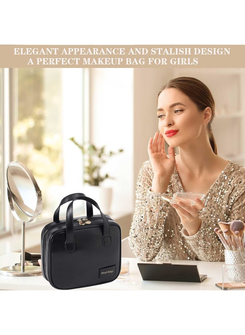 SOLARAE Portable Small Travel Makeup Bag, Waterproof Toiletry Bag with Divider and Handle, Leather Cosmetic Bag for Toiletries Accessories Brushes, Makeup Organize, Black - Image 5