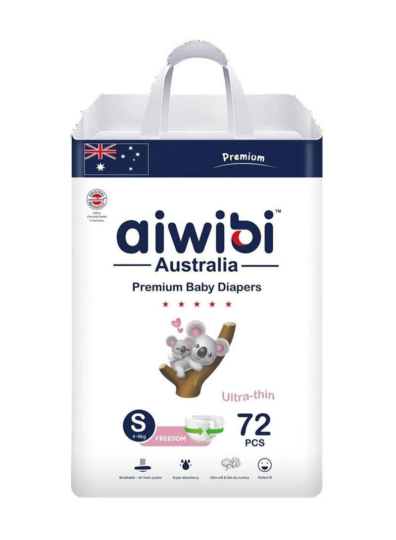 aiwibi حفاضات أيويبي المتميزة فائقة النحافة، 72 قطعة، الحجم 2 صغير، 4-8 كجم - امتصاص فائق، ناعمة وقابلة للتنفس