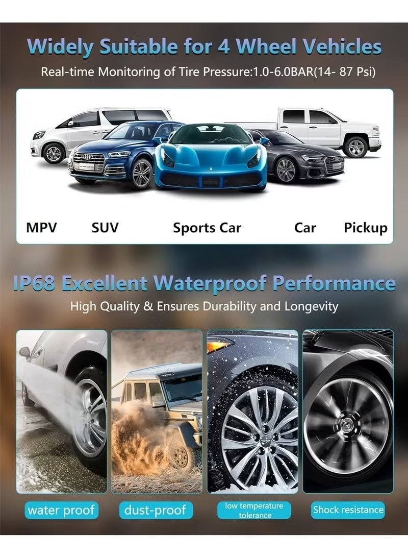 نظام مراقبة ضغط الإطارات TPMS (إصدار 2026 المُطوّر): جهاز مراقبة ضغط الإطارات يعمل بالطاقة الشمسية، قابل للتعديل والإزالة، مزود بـ 6 أوضاع إنذار وكشف تلقائي فوري، مناسب للسيارات بضغط يتراوح بين 22 و87 رطل لكل بوصة مربعة. - Image 4