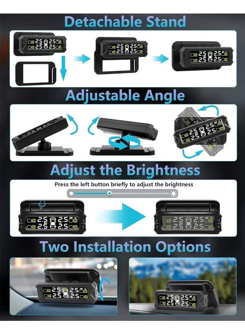 نظام مراقبة ضغط الإطارات TPMS (إصدار 2026 المُطوّر): جهاز مراقبة ضغط الإطارات يعمل بالطاقة الشمسية، قابل للتعديل والإزالة، مزود بـ 6 أوضاع إنذار وكشف تلقائي فوري، مناسب للسيارات بضغط يتراوح بين 22 و87 رطل لكل بوصة مربعة. - Image 3