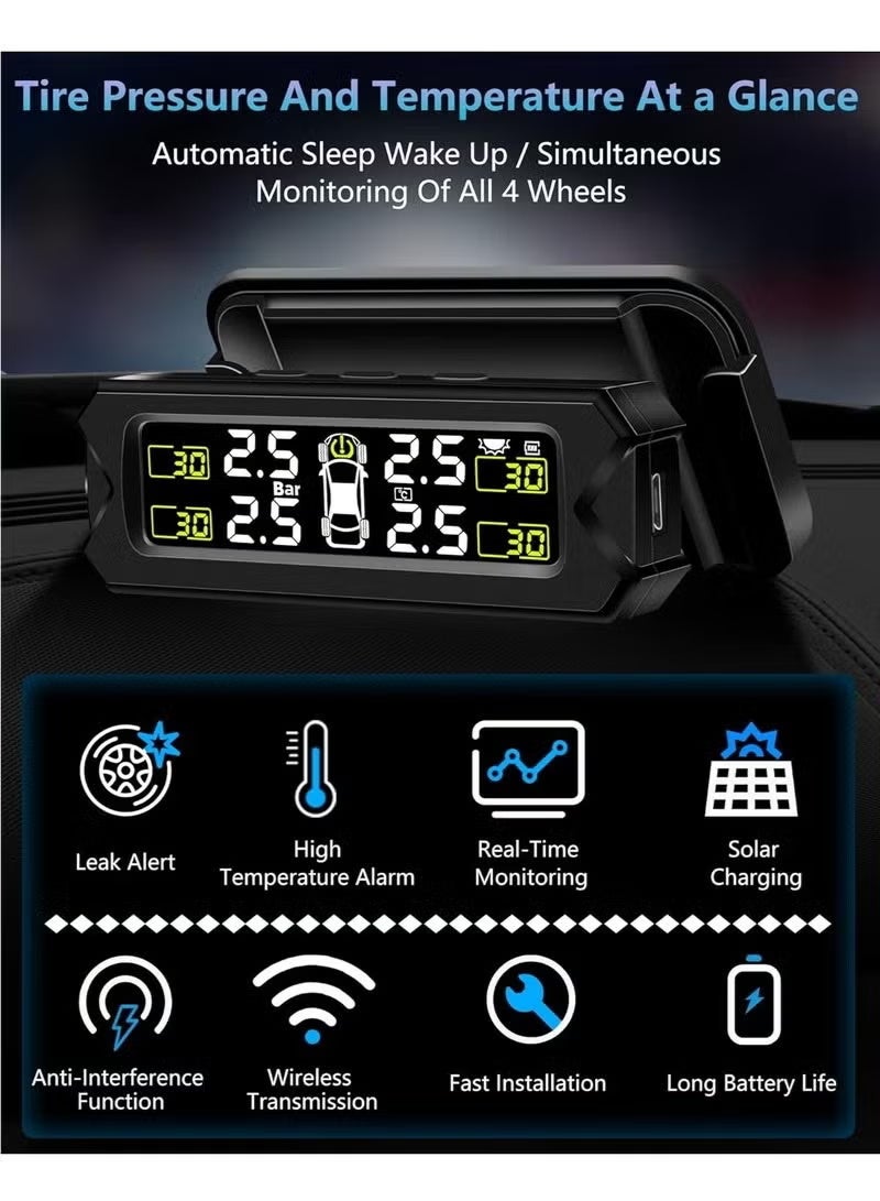 نظام مراقبة ضغط الإطارات TPMS (إصدار 2026 المُطوّر): جهاز مراقبة ضغط الإطارات يعمل بالطاقة الشمسية، قابل للتعديل والإزالة، مزود بـ 6 أوضاع إنذار وكشف تلقائي فوري، مناسب للسيارات بضغط يتراوح بين 22 و87 رطل لكل بوصة مربعة. - Image 2