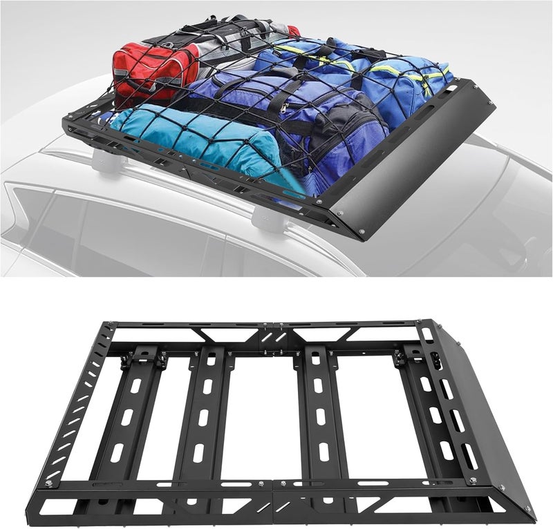 ECOTRIC 50" x 39" x 4.75" Roof Rack Cargo Basket W/Cross Bars Fit for Car SUV Pickup Truck Van Universal Top Cargo Carrier Metal Luggage Storage Holder Basket Rack for Travel 150Lbs Steel Black - Image 1