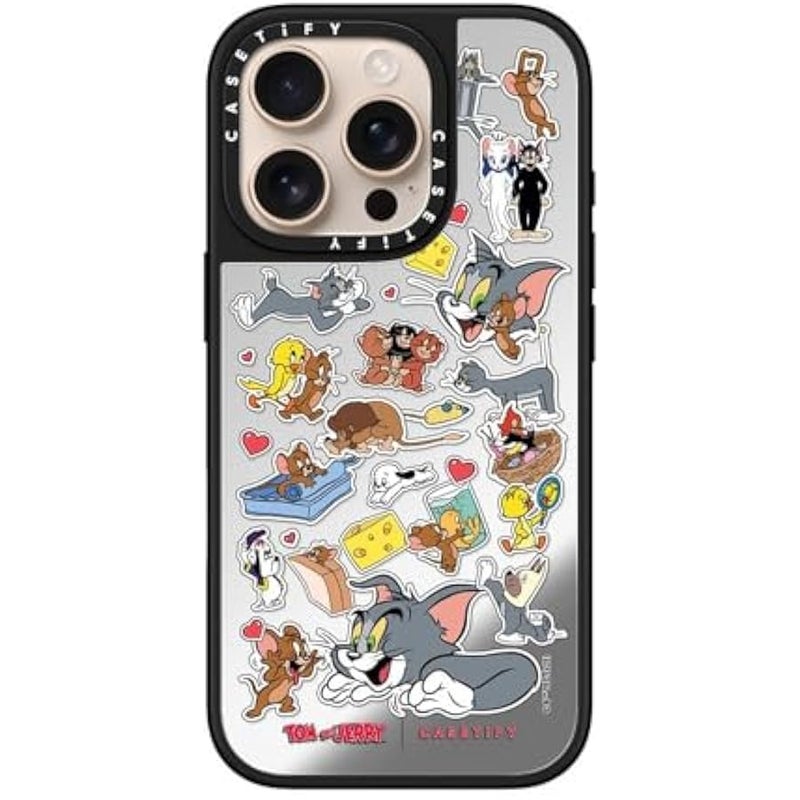 Casetify Mirror Case for iPhone 16 Pro 【Tom and Jerry Colab/Reflective / 4.9ft Drop Protection/Compatible with Magsafe】 - Family Sticker - Silver on Black - Image 3