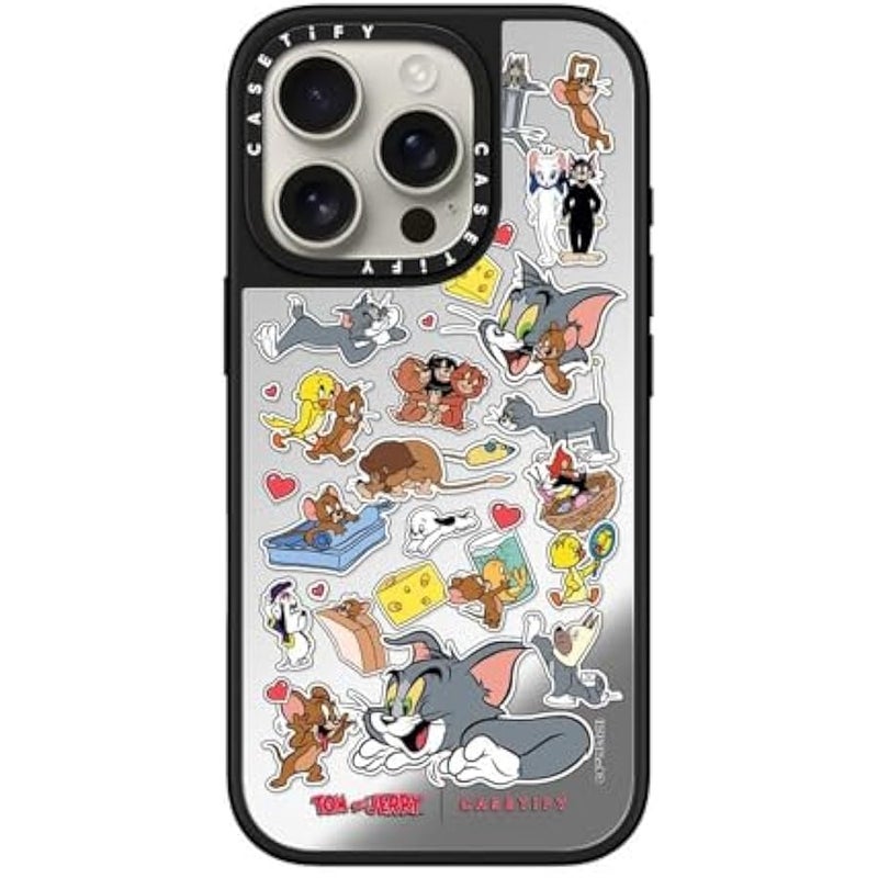 Casetify Mirror Case for iPhone 16 Pro 【Tom and Jerry Colab/Reflective / 4.9ft Drop Protection/Compatible with Magsafe】 - Family Sticker - Silver on Black - Image 2
