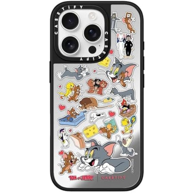Casetify Mirror Case for iPhone 16 Pro 【Tom and Jerry Colab/Reflective / 4.9ft Drop Protection/Compatible with Magsafe】 - Family Sticker - Silver on Black - Image 5
