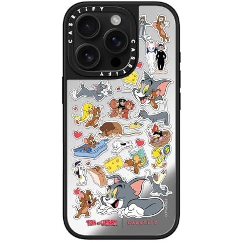 Casetify Mirror Case for iPhone 16 Pro 【Tom and Jerry Colab/Reflective / 4.9ft Drop Protection/Compatible with Magsafe】 - Family Sticker - Silver on Black - Image 1