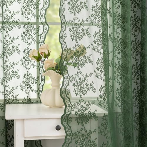 YJ YANJUN Olive Green Sheer Curtains 63 Inch Length 1 Pair Vintage Pretty Floral Lace Semi Transparent Voile for Bedroom Kitchen Sunroom Bohemian Christmas Decor Rod Pocket W52 x L63 Moss Dark Green - Image 1