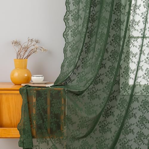 YJ YANJUN Olive Green Sheer Curtains 63 Inch Length 1 Pair Vintage Pretty Floral Lace Semi Transparent Voile for Bedroom Kitchen Sunroom Bohemian Christmas Decor Rod Pocket W52 x L63 Moss Dark Green - Image 2