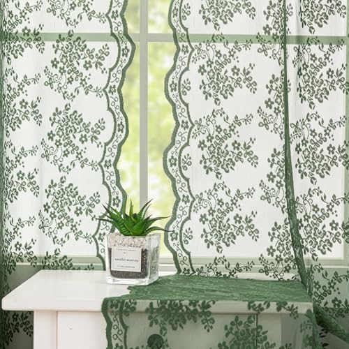 YJ YANJUN Olive Green Sheer Curtains 63 Inch Length 1 Pair Vintage Pretty Floral Lace Semi Transparent Voile for Bedroom Kitchen Sunroom Bohemian Christmas Decor Rod Pocket W52 x L63 Moss Dark Green - Image 4