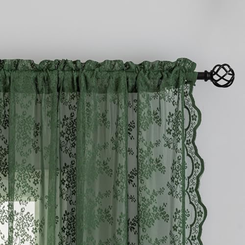 YJ YANJUN Olive Green Sheer Curtains 63 Inch Length 1 Pair Vintage Pretty Floral Lace Semi Transparent Voile for Bedroom Kitchen Sunroom Bohemian Christmas Decor Rod Pocket W52 x L63 Moss Dark Green - Image 3