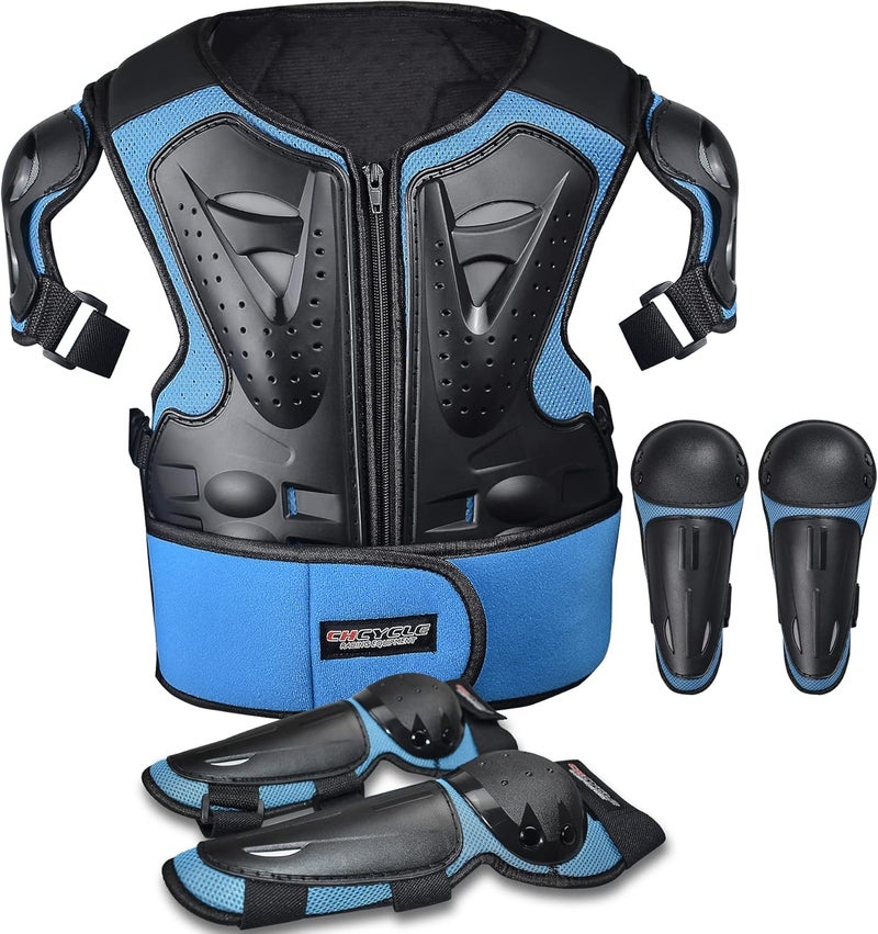 ELCYCO Kids Motorcycle Armor Suit with Chest Protector and Knee Elbow Pads - Blue - Image 1