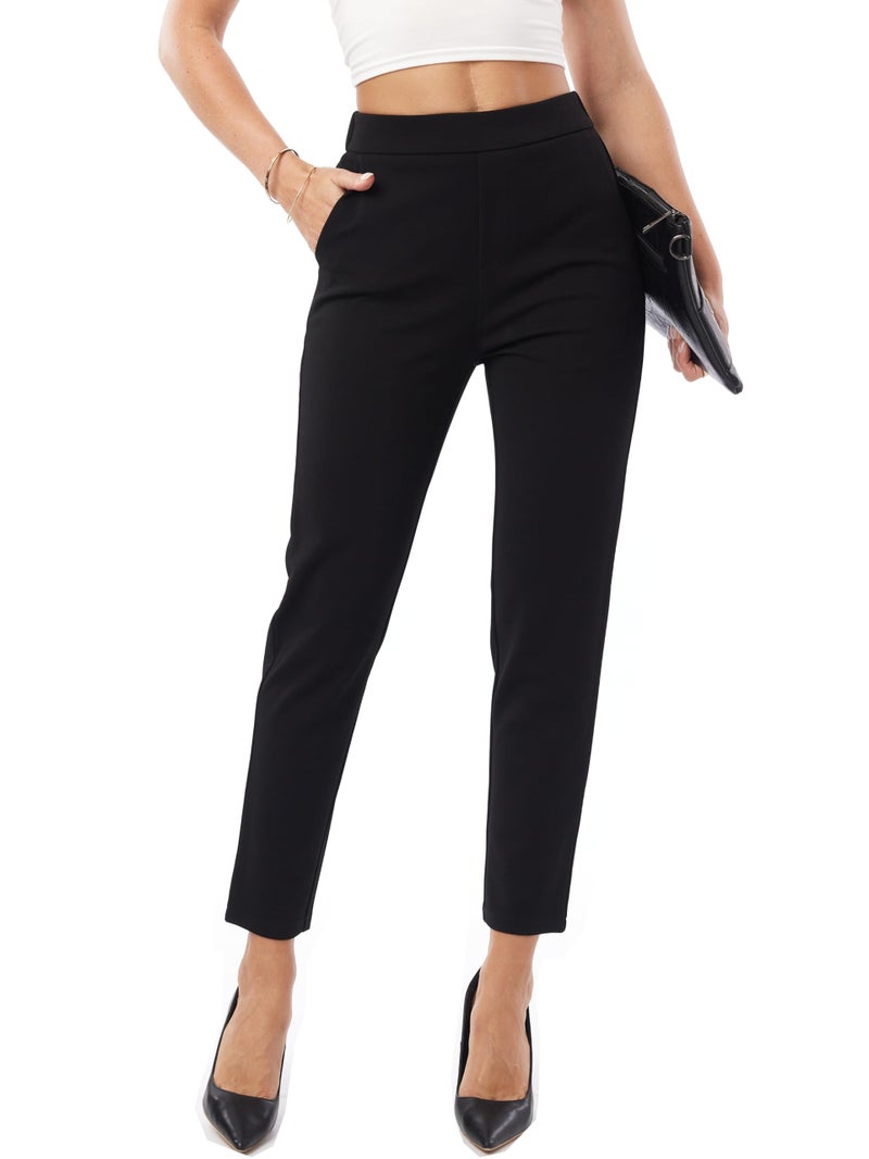 heipeiwa Women's Dress Pants High Waist Pull on Pants Comfort Stretch Work Slacks Crop Trouser Black - Image 1