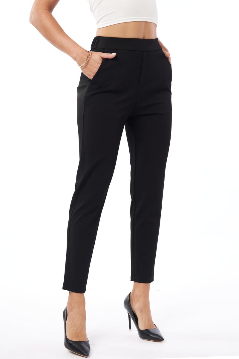 heipeiwa Women's Dress Pants High Waist Pull on Pants Comfort Stretch Work Slacks Crop Trouser Black - Image 2