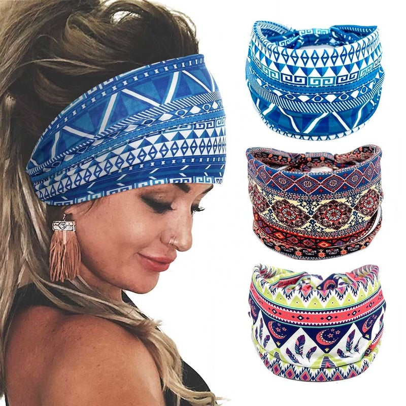 Bohend Boho Headband Wide Stretchy Hairband 3Pcs Daily Use Knotted Headwear Sport Athletic Yoga Gym Hair Accessories for Women and Girls B