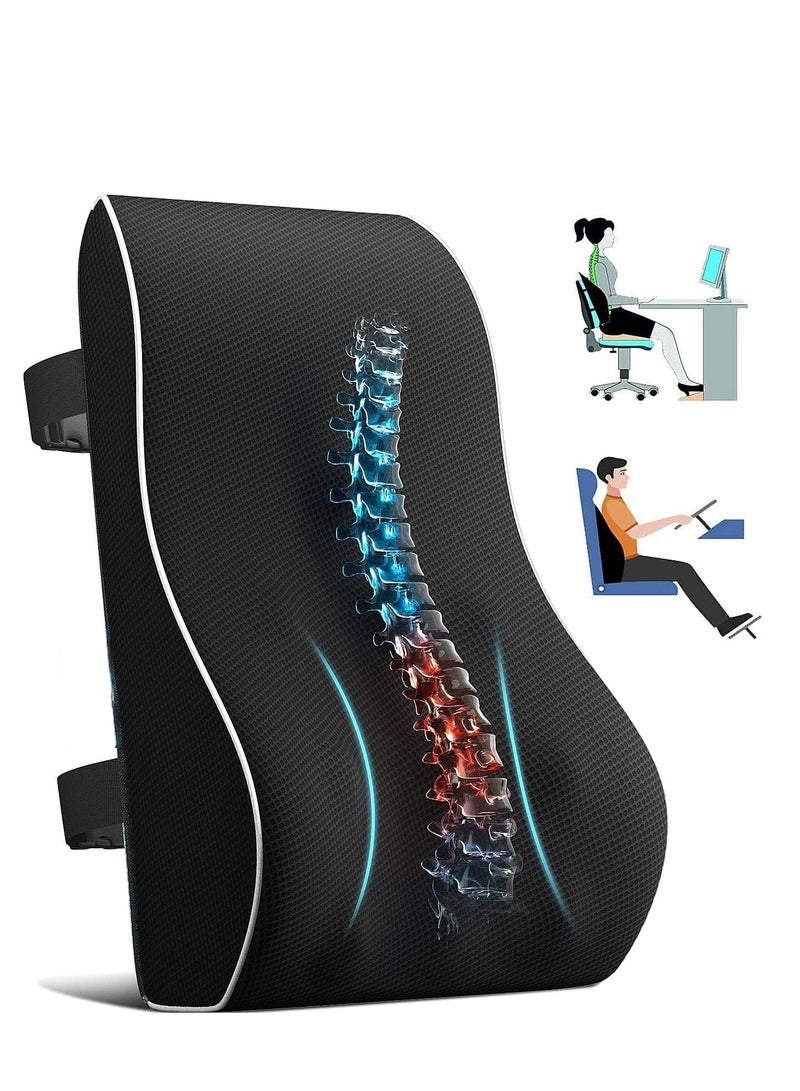 Memory Foam Lumbar Support Pillow, Ergonomic Back Cushion for Pain Relief and Posture Support, with Breathable Mesh Cover and Adjustable Straps for Office Chairs, Car, Recliners and More, Black  - Image 1