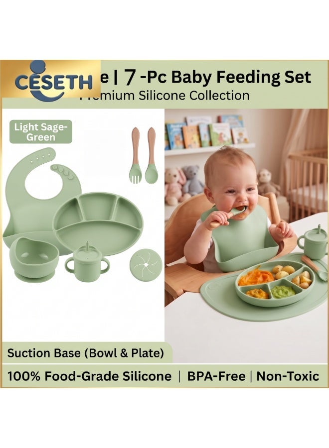 سيست مجموعة وجبات الأطفال من السيليكون المكونة من 7 قطع، مصنوعة من سيليكون طعامي خالي من BPA (تشمل الأطباق، والشوكة الخشبية، والكوب المزدوج، والถาب ذو فتحة امتصاص كبيرة، وحقيبة سيليكون مرنة قابلة للتعديل)، مقاومة الانزلاق والانقلاب، مناسبة للأطفال حديثي الولادة وأطفال تزيد أعمارهم عن 6 أشهر - اللون الأخضر - Image 1