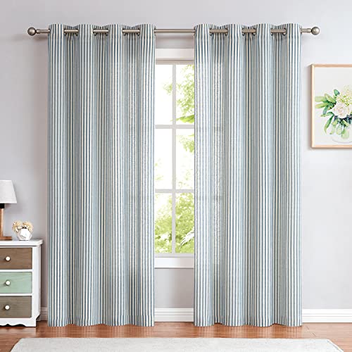 jinchan Linen Curtains for Living Room Blue on Beige Striped Curtains for Bedroom Ticking Stripe Pattern Light Filtering Pinstripe Rustic Window Treatment 2 Panels 84 inches Long - Image 2