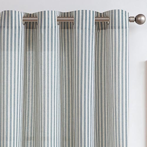 jinchan Linen Curtains for Living Room Blue on Beige Striped Curtains for Bedroom Ticking Stripe Pattern Light Filtering Pinstripe Rustic Window Treatment 2 Panels 84 inches Long - Image 1