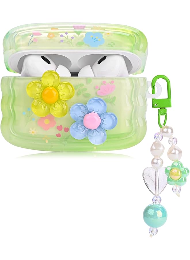 erorex Cute Cases For Airpods Pro Curly Wave Frame Shape Flowers Cover With Heart Bead Pendant And Three Dimensional Flowers Girly Liquid Glitter Sparkle Design Case For Airpods Pro Green  - Image 1