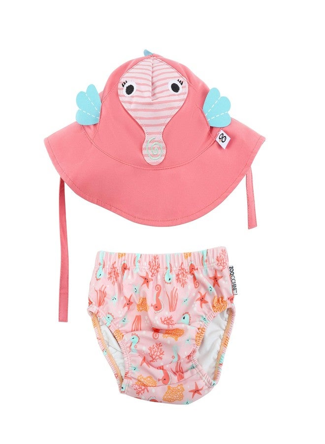 ZOOCCHINI Baby & Toddler Sun Hat & Reusable Swim Diaper - UPF 50+ Protection, Chlorine & Salt Water Resistant, for Beach, Pool, and Outdoor Fun, Small (3-6 Months), Sally The Seahorse - Image 1