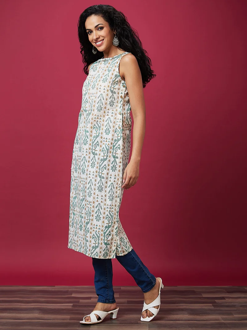 globus Women Off White Ethnic Motifs Printed Boat Neck Cotton Kurta
