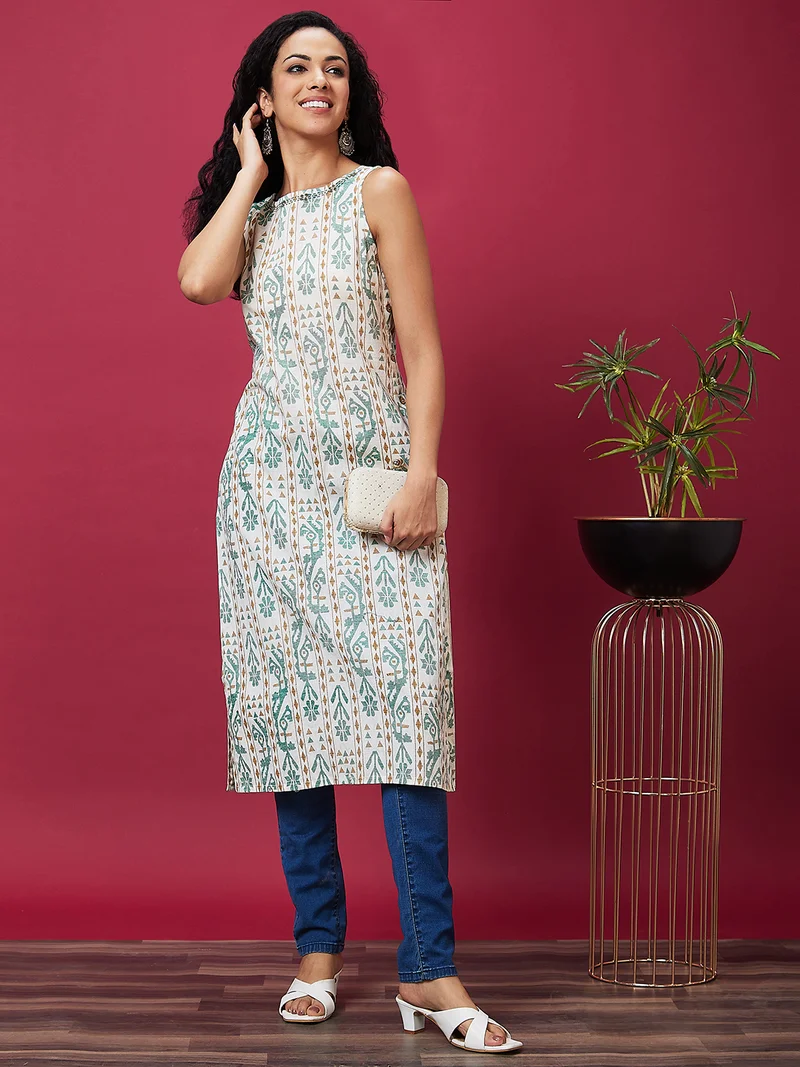 globus Women Off White Ethnic Motifs Printed Boat Neck Cotton Kurta