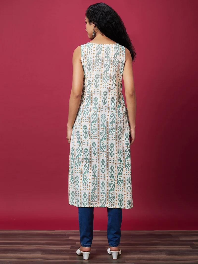 globus Women Off White Ethnic Motifs Printed Boat Neck Cotton Kurta