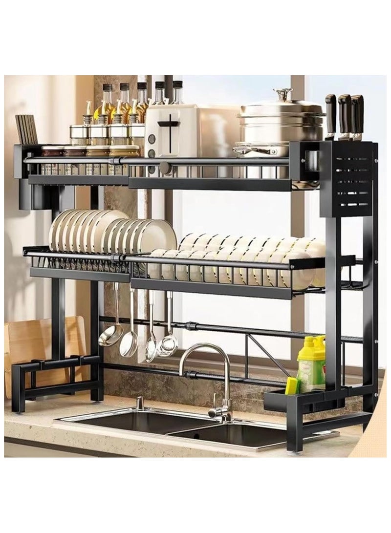 BLOOMING TIME Double-layer plate, chopsticks drain rack, plate drainer, carbon steel plate rack, sink organizer, stand shelf for kitchen counter organizer storage, with tableware rack, hook, drain rack for large kitchen, black - Image 1