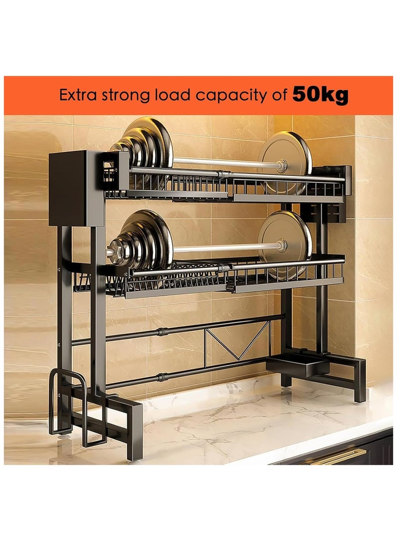 BLOOMING TIME Double-layer plate, chopsticks drain rack, plate drainer, carbon steel plate rack, sink organizer, stand shelf for kitchen counter organizer storage, with tableware rack, hook, drain rack for large kitchen, black - Image 2