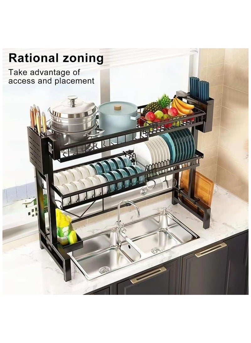 BLOOMING TIME Double-layer plate, chopsticks drain rack, plate drainer, carbon steel plate rack, sink organizer, stand shelf for kitchen counter organizer storage, with tableware rack, hook, drain rack for large kitchen, black - Image 4