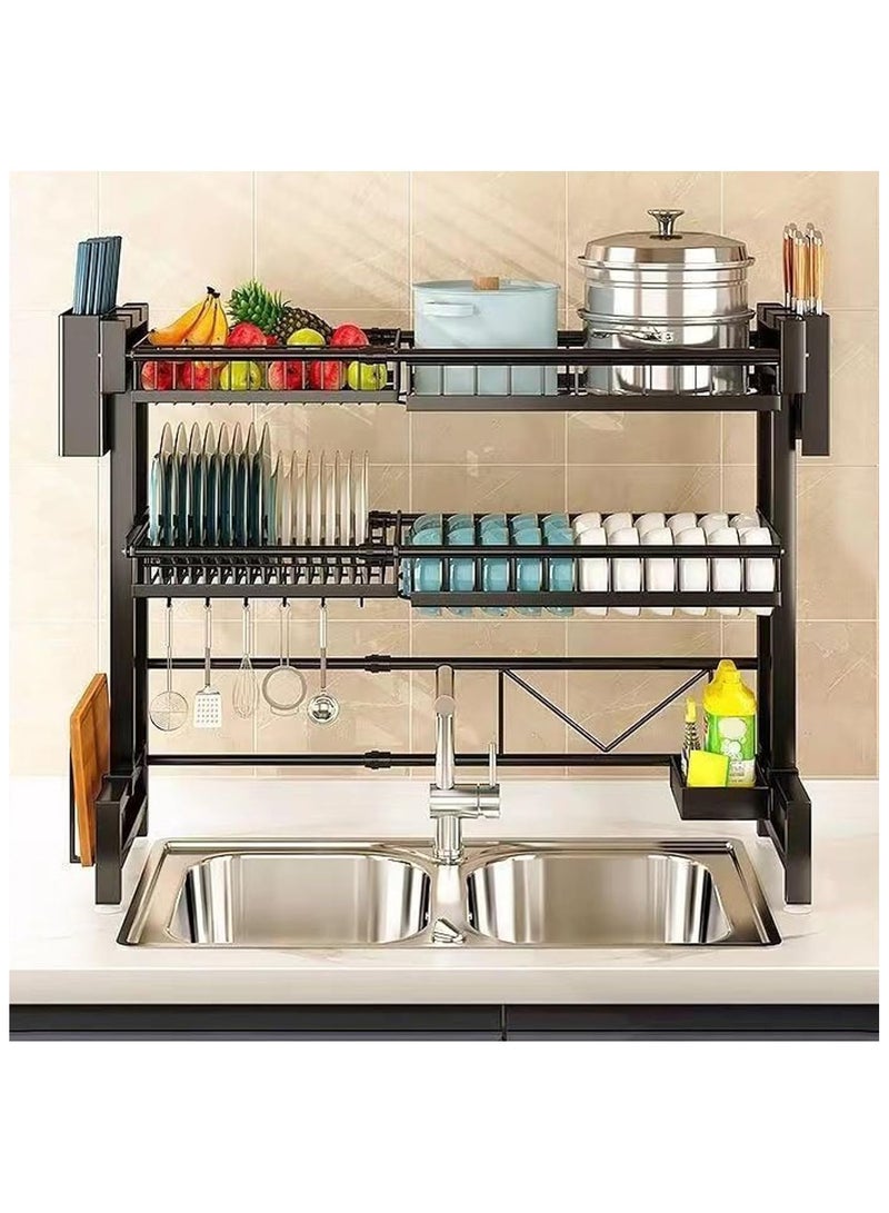 BLOOMING TIME Double-layer plate, chopsticks drain rack, plate drainer, carbon steel plate rack, sink organizer, stand shelf for kitchen counter organizer storage, with tableware rack, hook, drain rack for large kitchen, black - Image 5