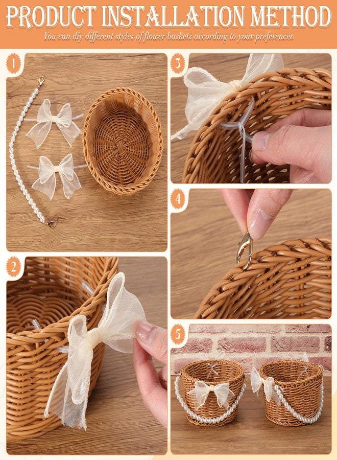 تشونفول مجموعة تشونفول المكونة من 6 قطع من سلال الزهور المصنوعة من الخيزران، سلة صغيرة من الخيزران بمقبض من اللؤلؤ وقوس، سلة منسوجة للبيض والحلوى، مناسبة لتخزين الحديقة، ديكور المنزل، حفلات الزفاف والخطوبة. - Image 2