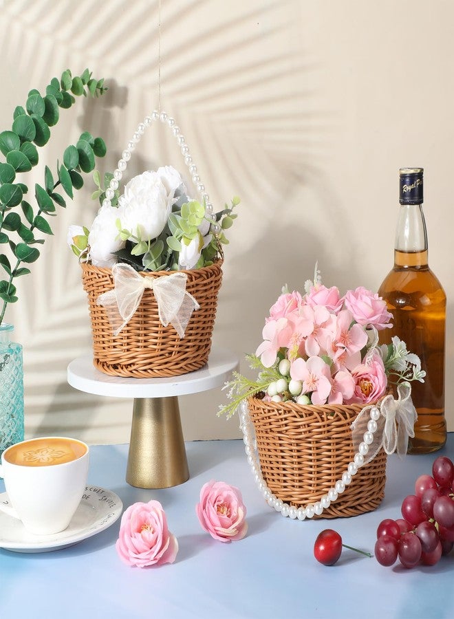 تشونفول مجموعة تشونفول المكونة من 6 قطع من سلال الزهور المصنوعة من الخيزران، سلة صغيرة من الخيزران بمقبض من اللؤلؤ وقوس، سلة منسوجة للبيض والحلوى، مناسبة لتخزين الحديقة، ديكور المنزل، حفلات الزفاف والخطوبة. - Image 3