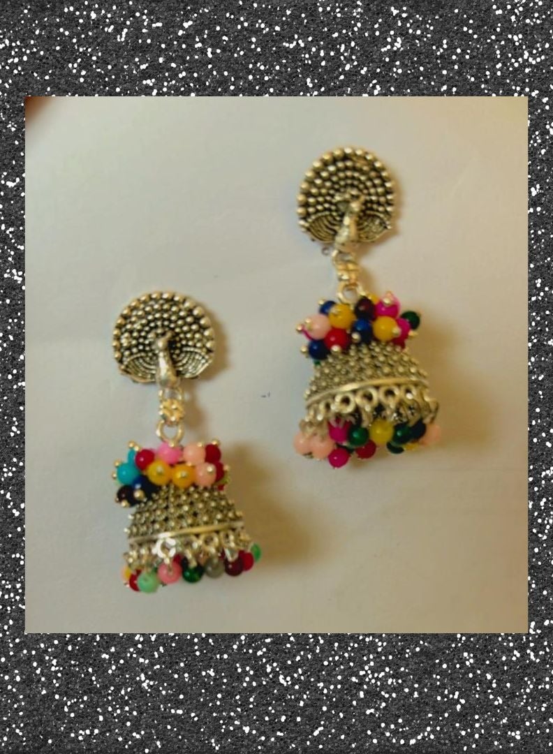 Silver Oxidized Traditional Jhumki/Jhumka designed with multicolor beads Earrings for Women and Girls (Silver) - Image 4