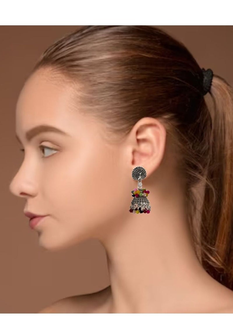 Silver Oxidized Traditional Jhumki/Jhumka designed with multicolor beads Earrings for Women and Girls (Silver) - Image 1