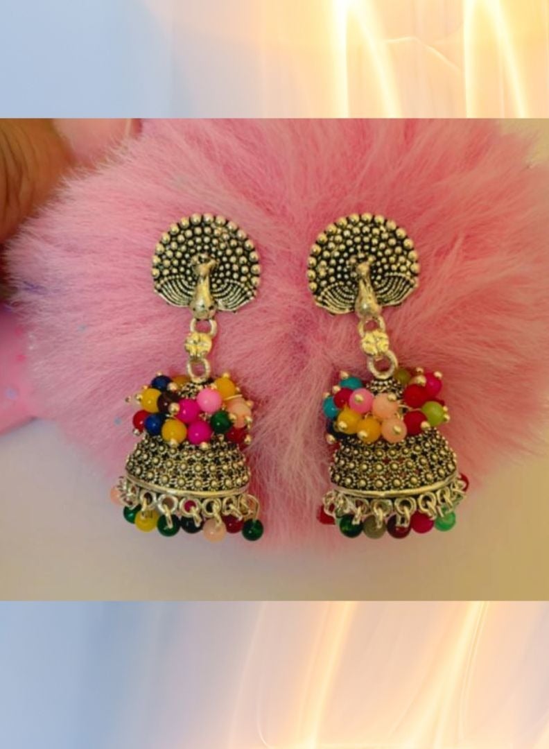 Silver Oxidized Traditional Jhumki/Jhumka designed with multicolor beads Earrings for Women and Girls (Silver) - Image 2