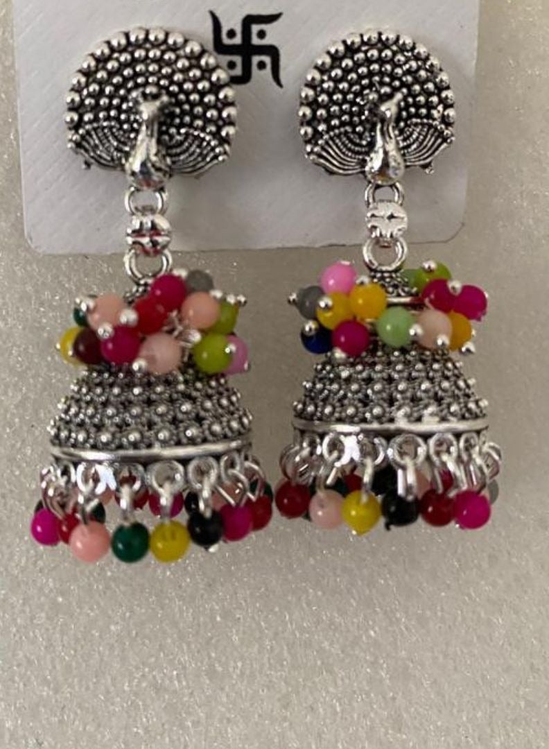 Silver Oxidized Traditional Jhumki/Jhumka designed with multicolor beads Earrings for Women and Girls (Silver) - Image 3
