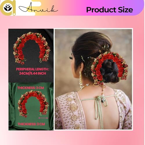 ANVIK Fancy Party Bridal Wedding Fabric/Artificial Rose Flower Bun Juda Hair Gajra for Women Flower Floral Hair Accessories for women Veni for hair (Red) - Image 3